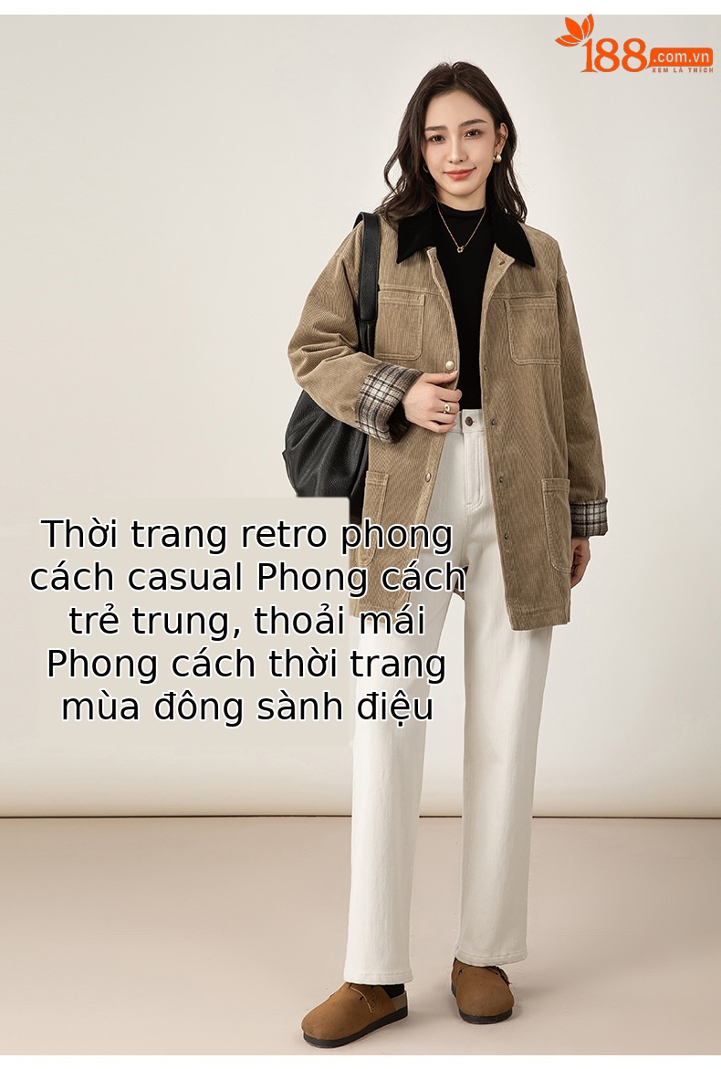 Áo khoác nữ phong cách retro barn phối sọc nhung kẻ, dáng rộng dài vừa phải, cổ áo công sở — Kaki chi tiết 20