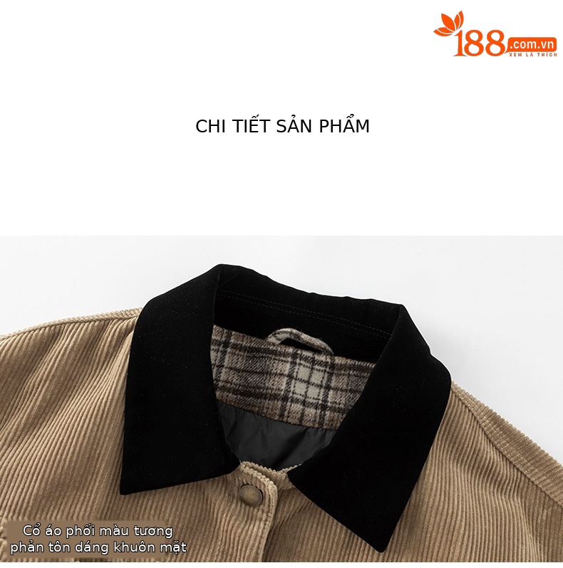Áo khoác nữ phong cách retro barn phối sọc nhung kẻ, dáng rộng dài vừa phải, cổ áo công sở — Kaki chi tiết 21