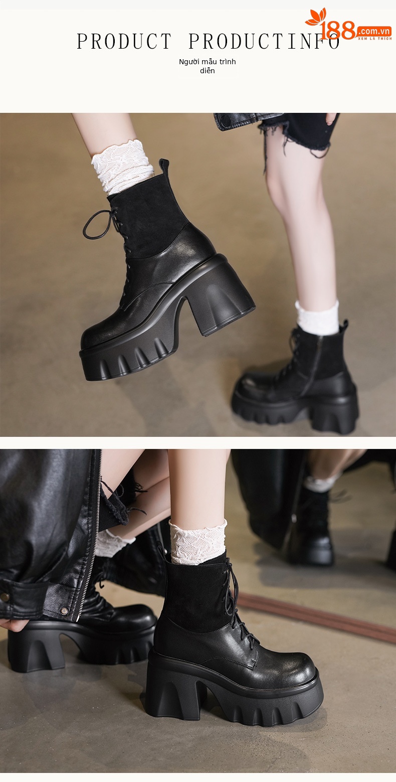Boot nữ cổ thấp gót dày 10cm da bò chống nước, dây kéo phối dây buộc — Lớp lót nhung đen, Lớp lót đơn màu đen chi tiết 2
