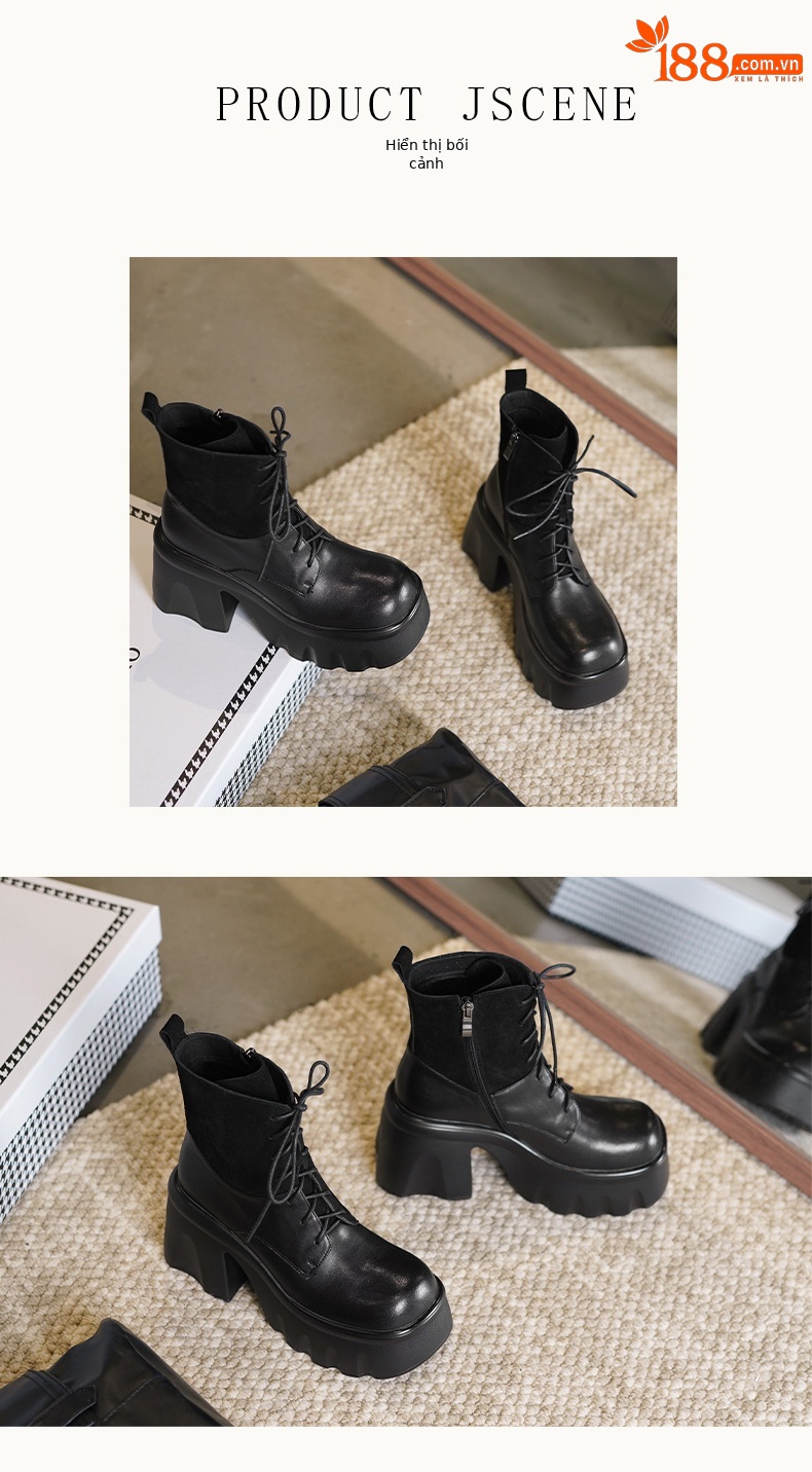 Boot nữ cổ thấp gót dày 10cm da bò chống nước, dây kéo phối dây buộc — Lớp lót nhung đen, Lớp lót đơn màu đen chi tiết 5