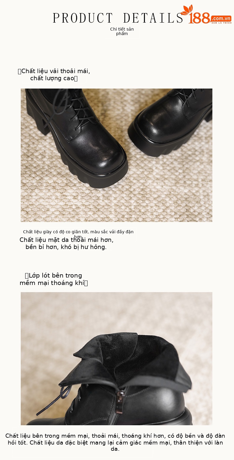 Boot nữ cổ thấp gót dày 10cm da bò chống nước, dây kéo phối dây buộc — Lớp lót nhung đen, Lớp lót đơn màu đen chi tiết 7