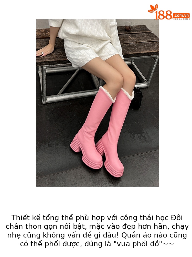 Boot nữ cổ cao gót 10 cm đế dày phong cách hiệp sĩ, miệng chữ V, lót len mùa đông — màu đen, màu hồng, Màu trắng nhạt chi tiết 3