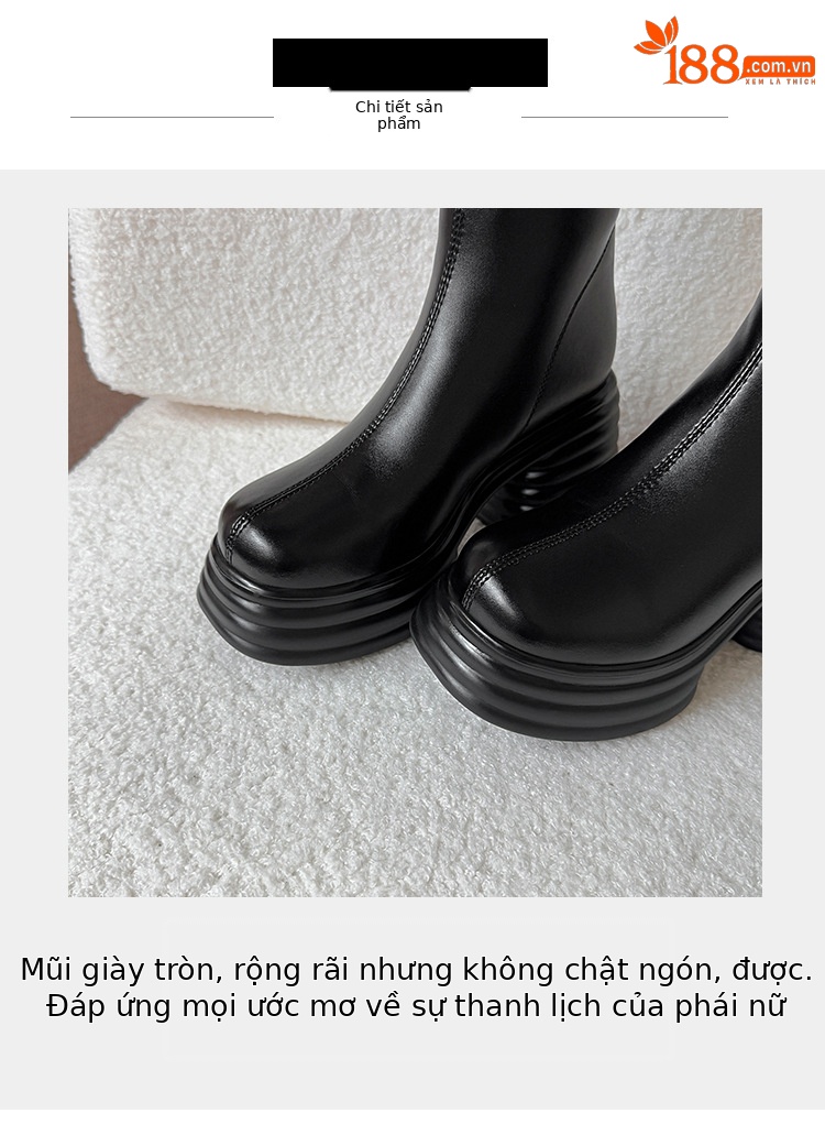 Boot nữ cổ cao gót 10 cm đế dày phong cách hiệp sĩ, miệng chữ V, lót len mùa đông — màu đen, màu hồng, Màu trắng nhạt chi tiết 6