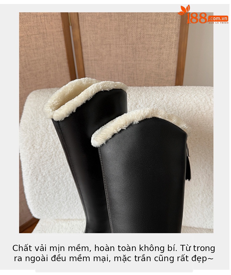 Boot nữ cổ cao gót 10 cm đế dày phong cách hiệp sĩ, miệng chữ V, lót len mùa đông — màu đen, màu hồng, Màu trắng nhạt chi tiết 7