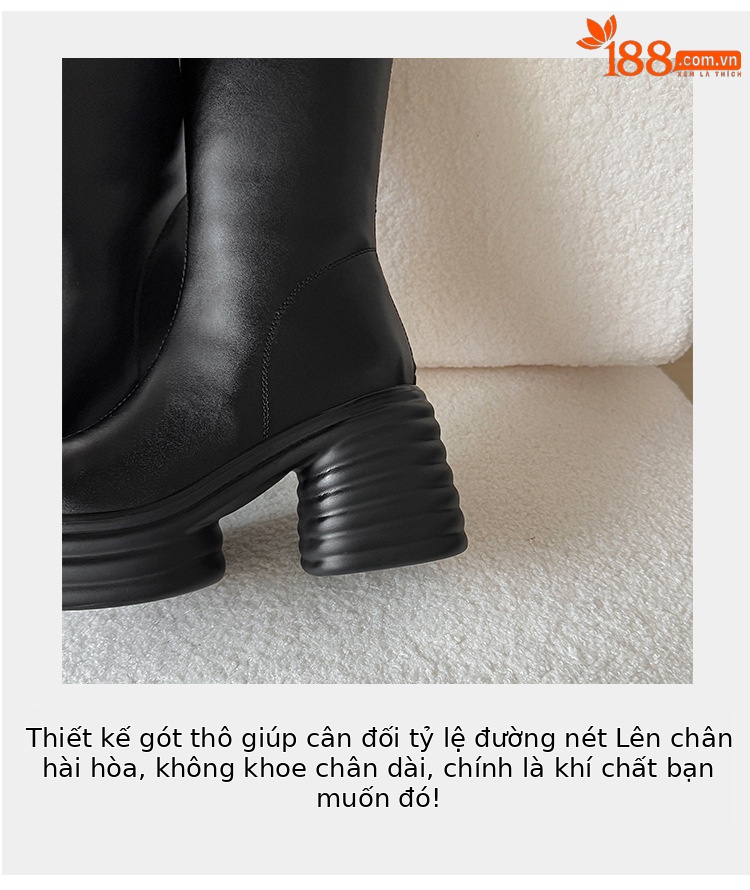 Boot nữ cổ cao gót 10 cm đế dày phong cách hiệp sĩ, miệng chữ V, lót len mùa đông — màu đen, màu hồng, Màu trắng nhạt chi tiết 8