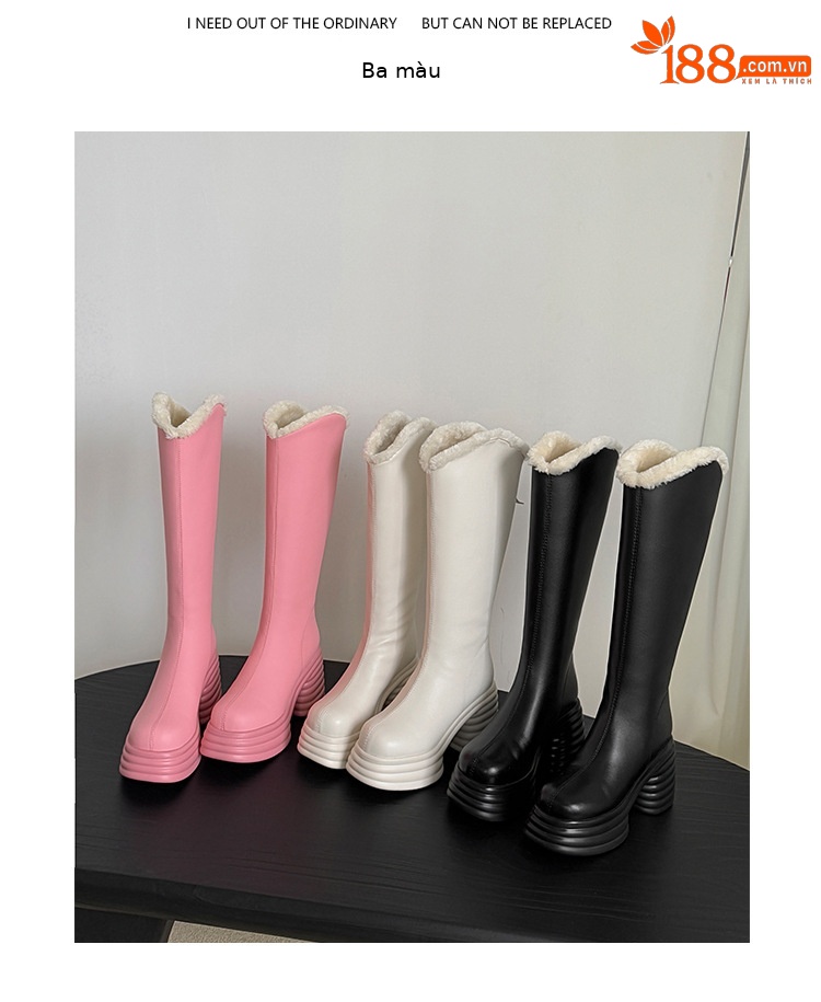 Boot nữ cổ cao gót 10 cm đế dày phong cách hiệp sĩ, miệng chữ V, lót len mùa đông — màu đen, màu hồng, Màu trắng nhạt chi tiết 9