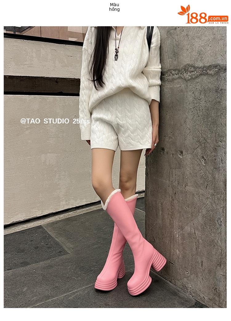 Boot nữ cổ cao gót 10 cm đế dày phong cách hiệp sĩ, miệng chữ V, lót len mùa đông — màu đen, màu hồng, Màu trắng nhạt chi tiết 10