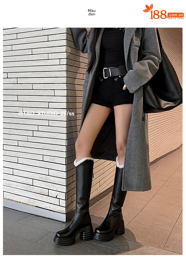 Boot nữ cổ cao gót 10 cm đế dày phong cách hiệp sĩ, miệng chữ V, lót len mùa đông — màu đen, màu hồng, Màu trắng nhạt chi tiết 18