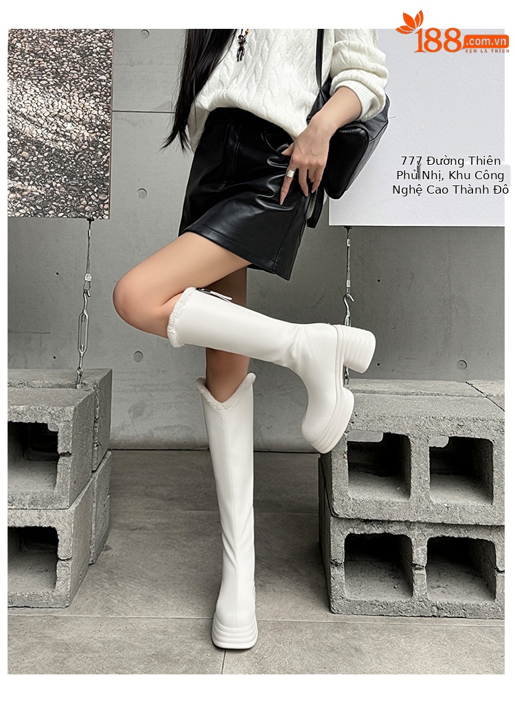 Boot nữ cổ cao gót 10 cm đế dày phong cách hiệp sĩ, miệng chữ V, lót len mùa đông — màu đen, màu hồng, Màu trắng nhạt chi tiết 28