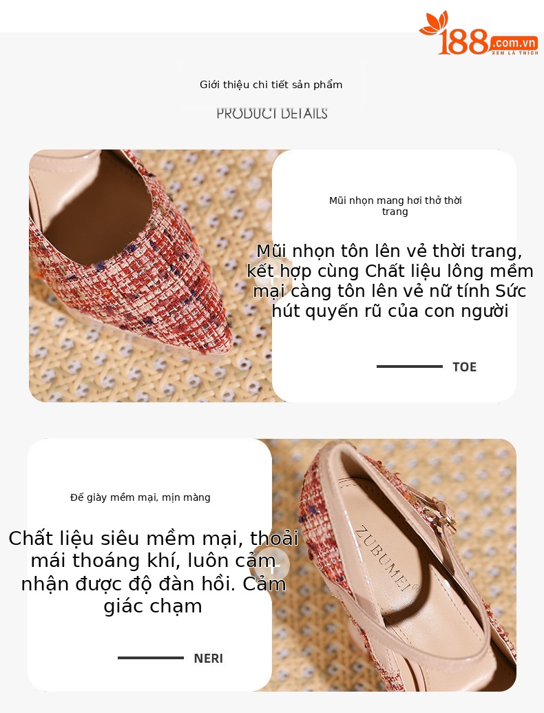 Giày cao gót mũi nhọn da lộn chắp vá một dây — bột khỏa thân chi tiết 1