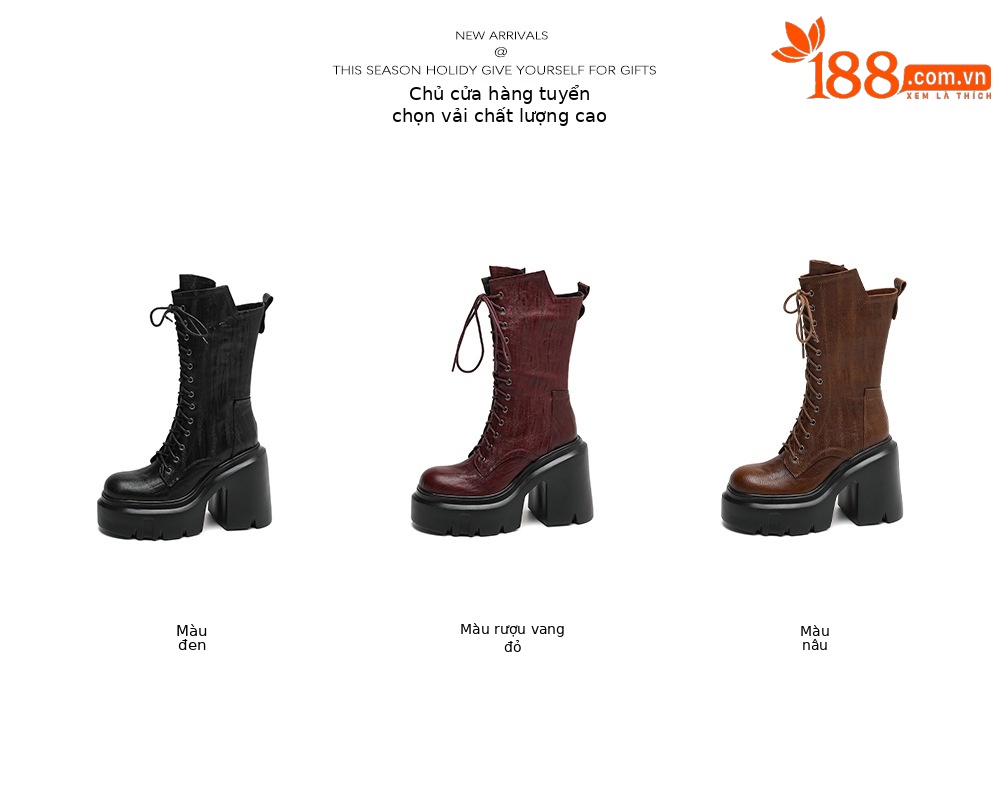 Boot Martin nữ buộc dây phong cách Anh, gót 12 cm — Lớp lót nhung đen chi tiết 2