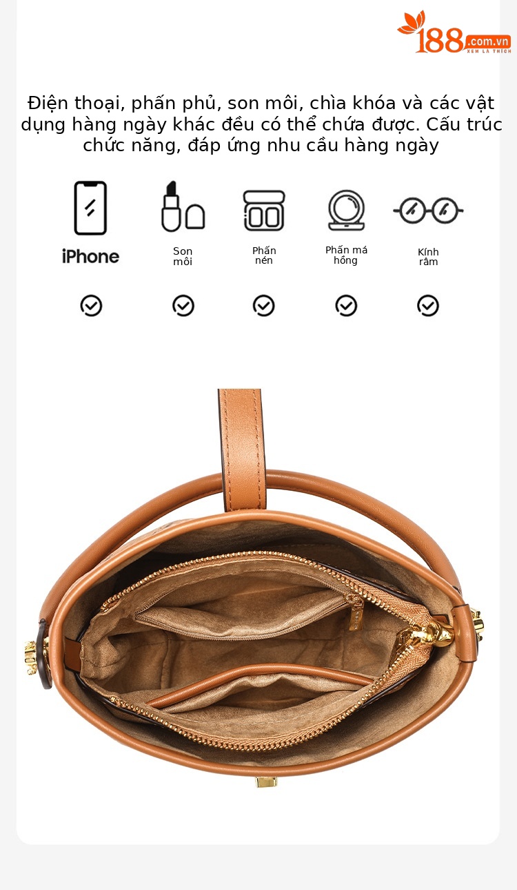 Túi bucket nữ in họa tiết retro đeo chéo một vai phong cách niche sức chứa lớn chi tiết 11