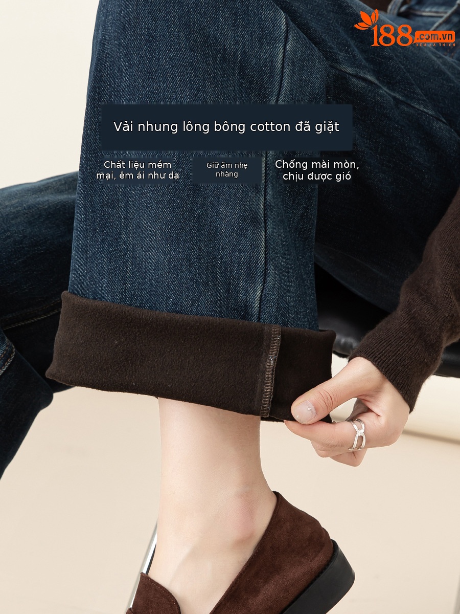 Quần jean ống rộng lưng cao lót lông cừu Xinge dáng suông thẳng — màu xanh đậm