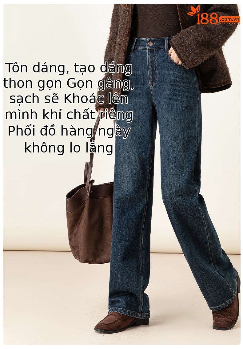 Quần jean ống rộng lưng cao lót lông cừu Xinge dáng suông thẳng — màu xanh đậm chi tiết 11