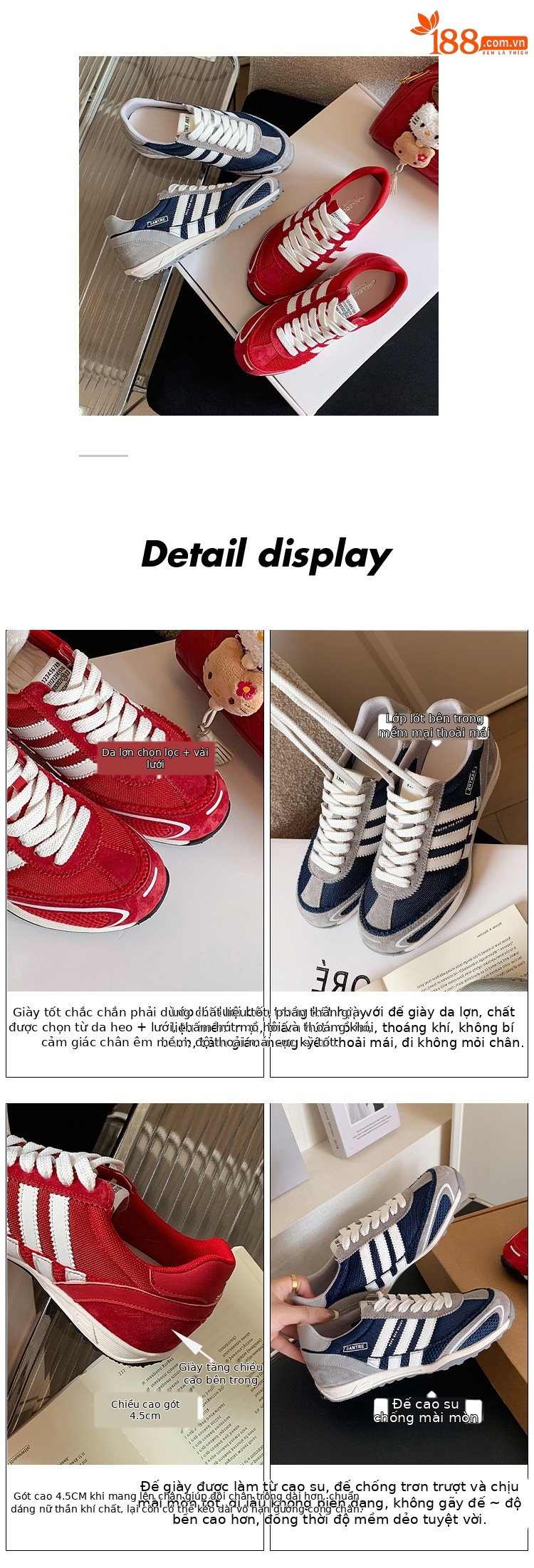 Giày sneaker nữ đế dày phong cách retro cổ điển, tăng chiều cao nhẹ, thoáng khí — xanh lam, màu đỏ chi tiết 1