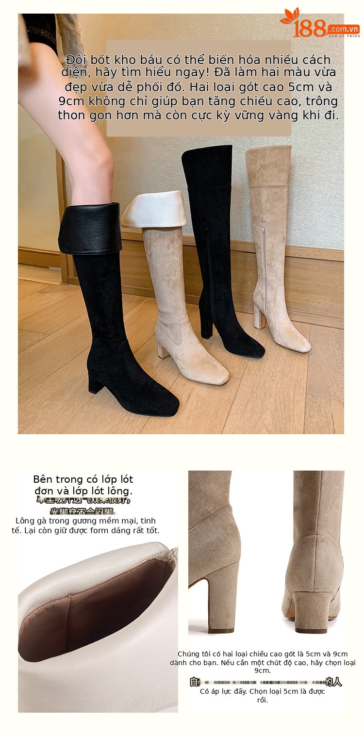 Boot nữ cổ cao quá gối mũi vuông gót thô 5 cm phong cách Hàn Quốc, có thể gập ống — Lớp lót nhung ống nhỏ màu đen 5cm chi tiết 3