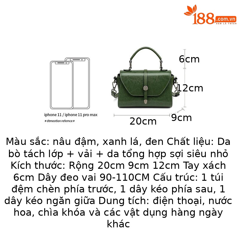 Túi đeo chéo nữ phong cách retro, thiết kế đơn giản, quai xách tay và dây đeo vai, kích thước 20×9×12 cm — màu đen