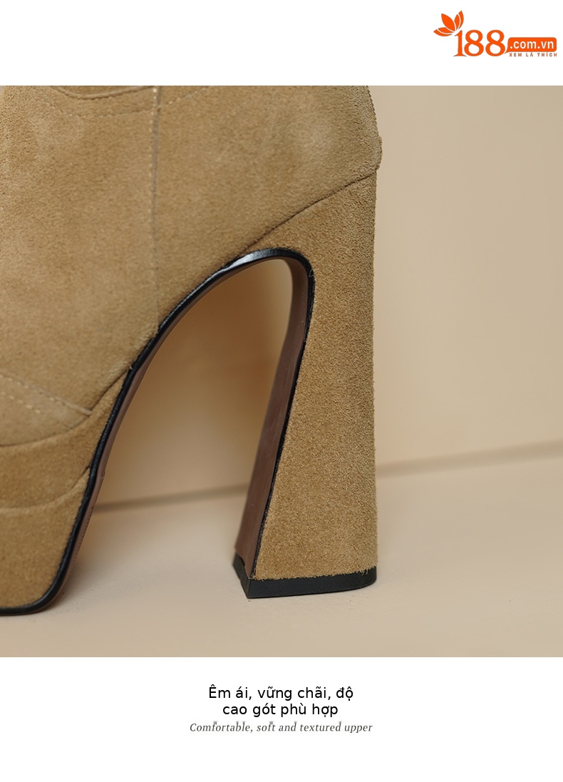 Boot nữ cổ thấp mũi nhọn gót vuông platform 14 cm da thật — Màu đen (lót nhung) chi tiết 7
