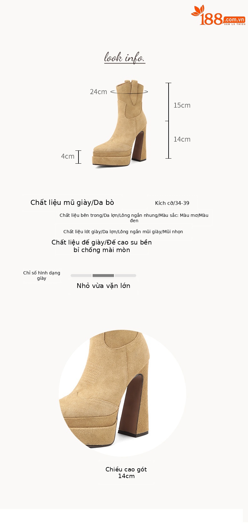 Boot nữ cổ thấp mũi nhọn gót vuông platform 14 cm da thật — Màu đen (lót nhung) chi tiết 1