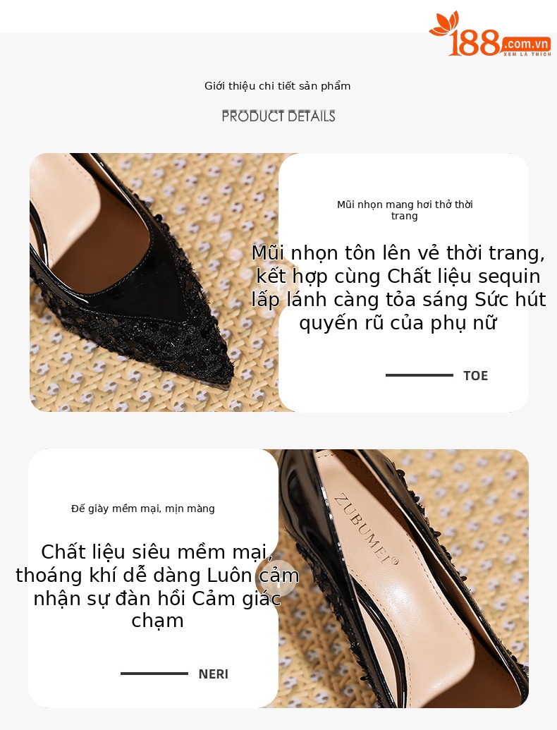 Giày cao gót mũi nhọn đính kim cương giả kiểu Pháp cho nữ — bột khỏa thân chi tiết 1