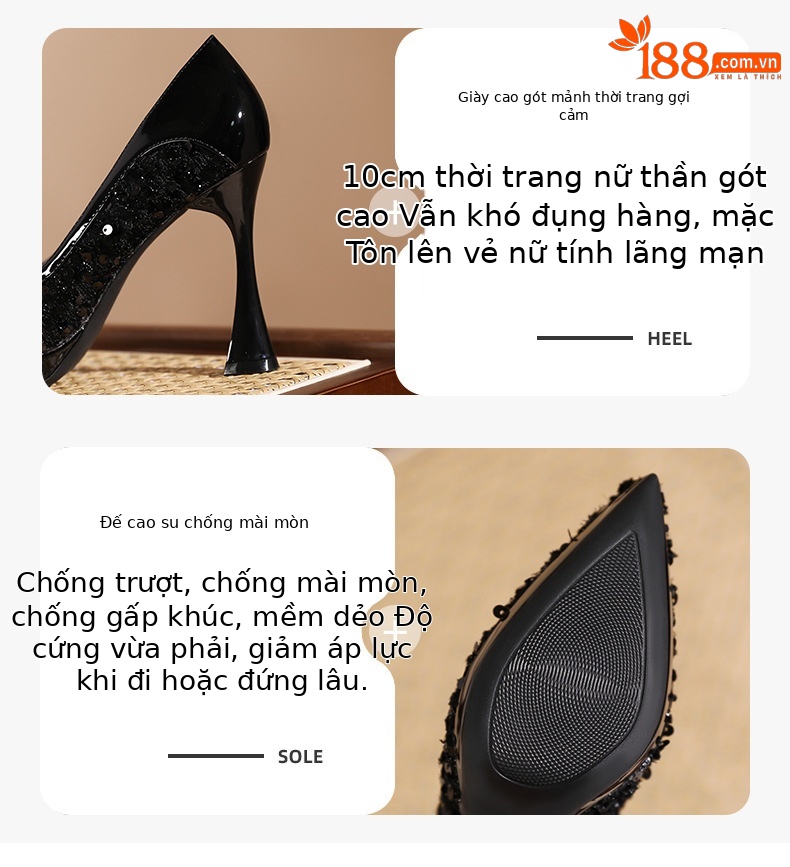 Giày cao gót mũi nhọn đính kim cương giả kiểu Pháp cho nữ — bột khỏa thân chi tiết 2