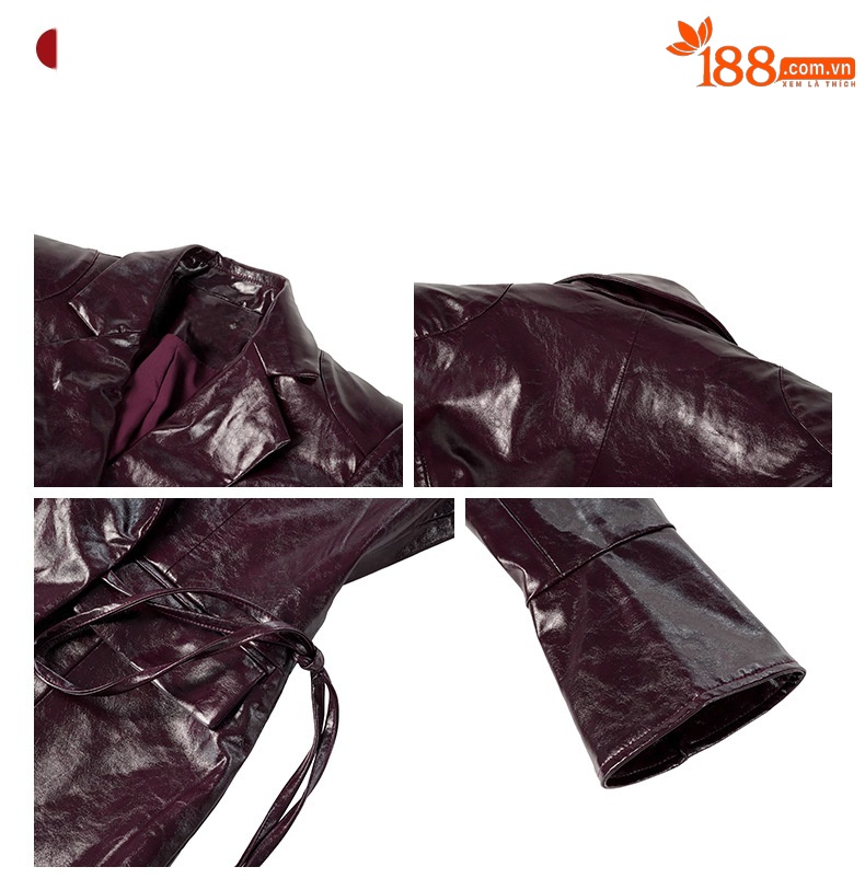 Áo khoác da PU nữ phong cách biker cổ điển — Rượu vang đỏ chi tiết 1