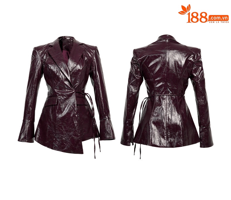 Áo khoác da PU nữ phong cách biker cổ điển — Rượu vang đỏ chi tiết 2