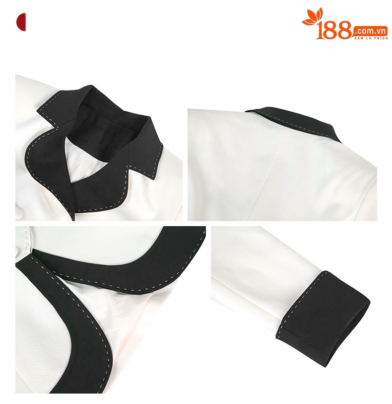 Blazer nữ phối vải tuýt đen trắng cổ ve hai hàng khuy eo ôm — Phối màu chi tiết 2