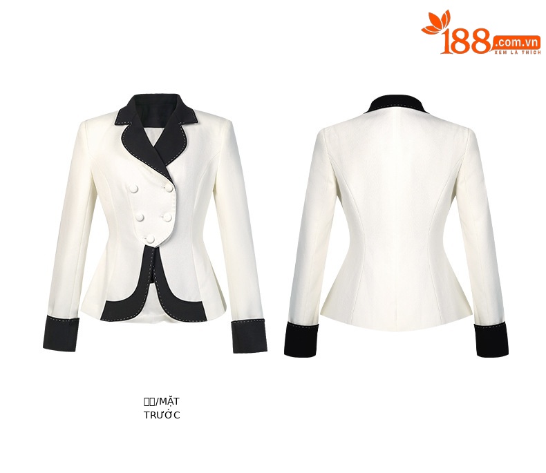 Blazer nữ phối vải tuýt đen trắng cổ ve hai hàng khuy eo ôm — Phối màu chi tiết 3