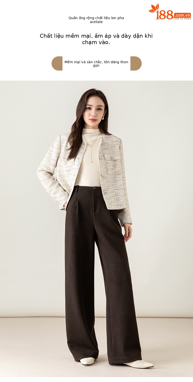 Quần culottes nữ ống rộng cạp cao dáng suông chất len acetate dệt kim — Màu trà sữa chi tiết 1