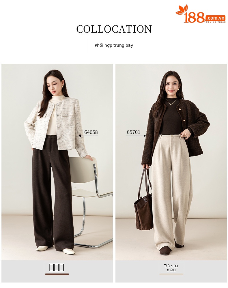 Quần culottes nữ ống rộng cạp cao dáng suông chất len acetate dệt kim — Màu trà sữa chi tiết 9