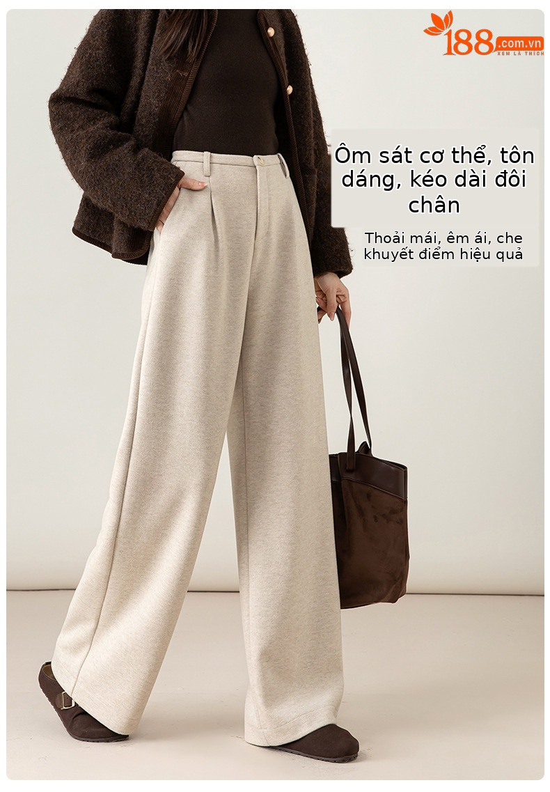 Quần culottes nữ ống rộng cạp cao dáng suông chất len acetate dệt kim — Màu trà sữa chi tiết 12