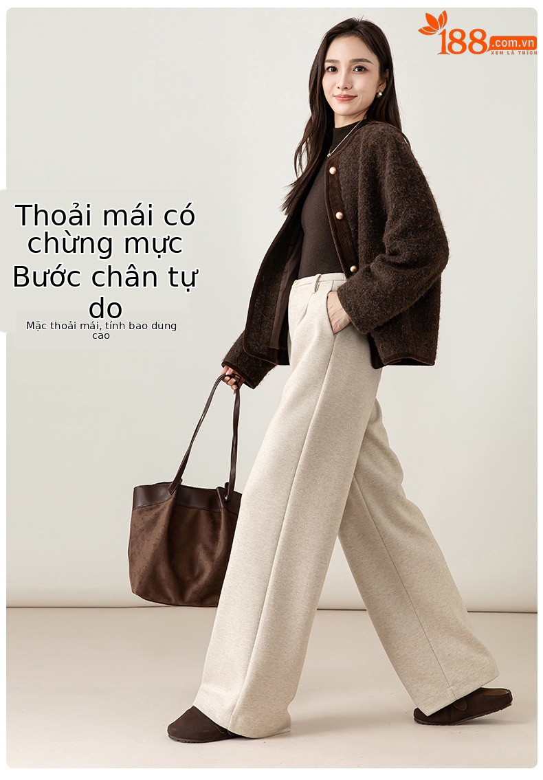 Quần culottes nữ ống rộng cạp cao dáng suông chất len acetate dệt kim — Màu trà sữa chi tiết 15