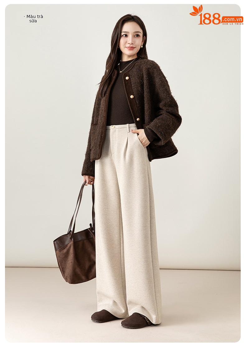 Quần culottes nữ ống rộng cạp cao dáng suông chất len acetate dệt kim — Màu trà sữa chi tiết 25