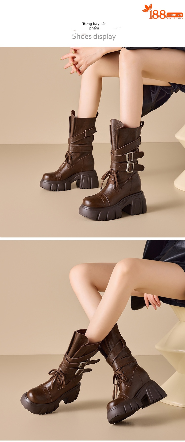Boot nữ cổ cao ôm bắp chân đế dày 10 cm phong cách phương Tây cổ điển — Lớp lót nhung đen chi tiết 2