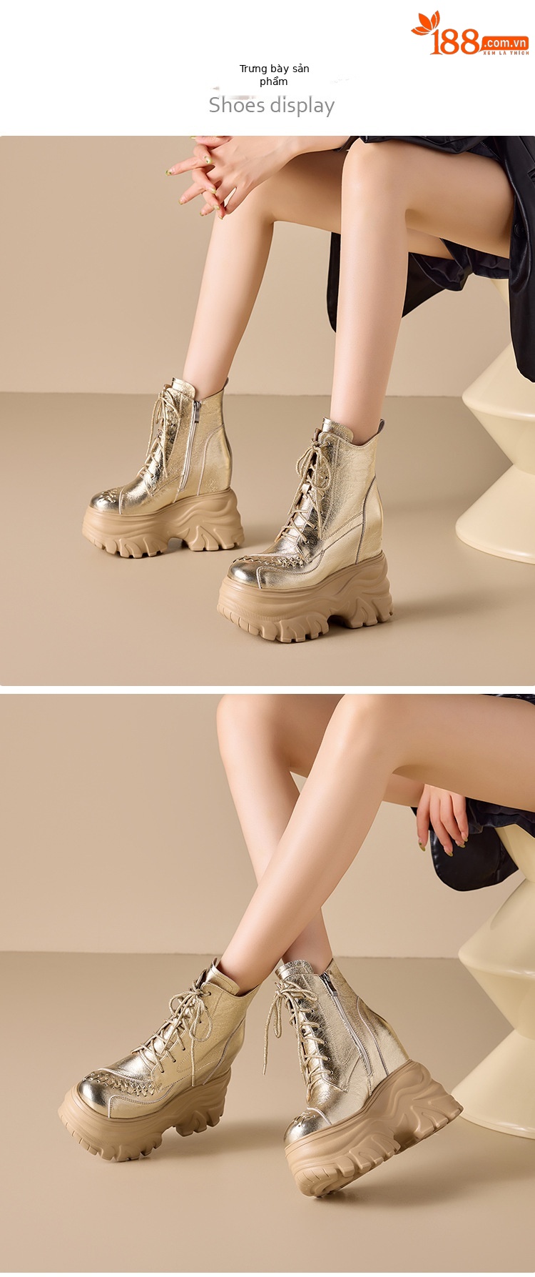 Giày boot Martin đế dày 14 cm phong cách phương Tây, nhẹ nhàng sang trọng — Lớp lót nhung đen chi tiết 2