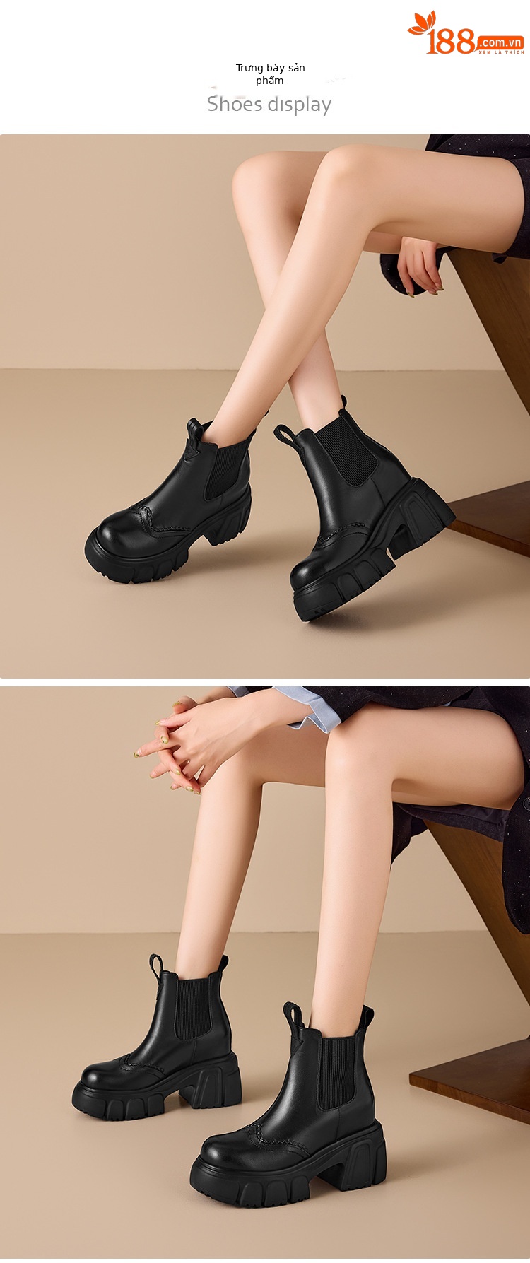 Giày bốt Chelsea nữ cổ thun tăng chiều cao gót 10 cm đế dày da nâu — Lớp lót nhung đen chi tiết 2
