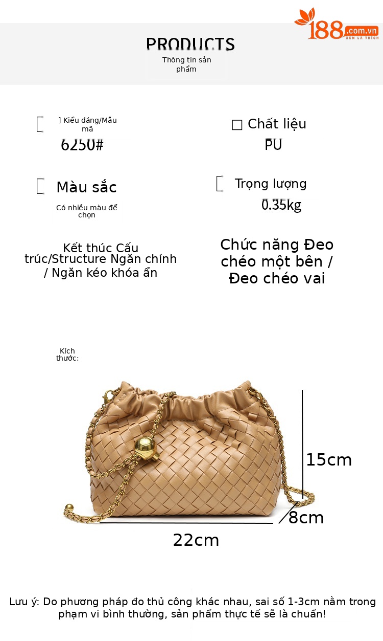 Túi đeo chéo nữ dệt thủ công kiểu Chanel dây rút xếp nếp dạng đám mây chi tiết 11