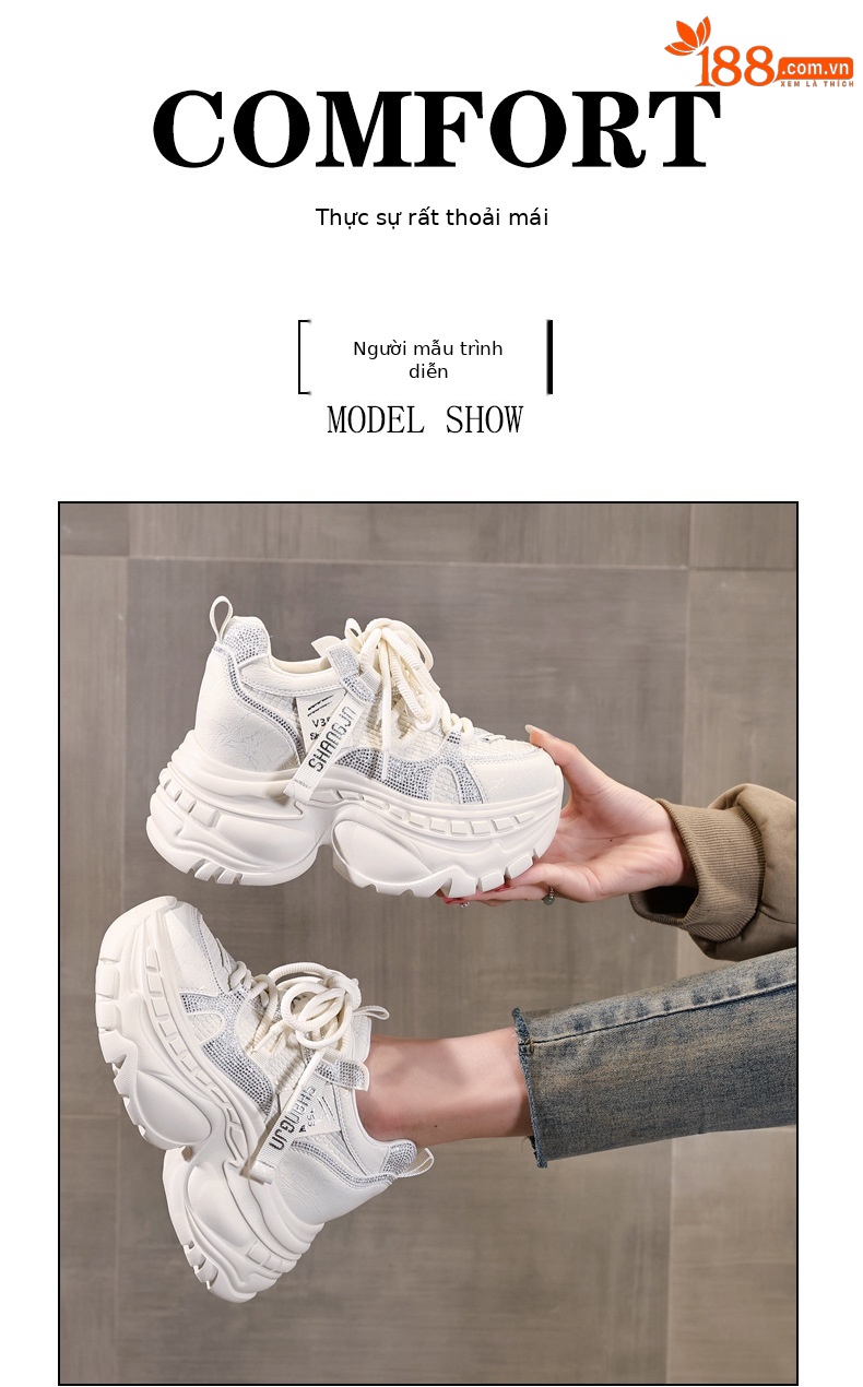 Giày thể thao nữ đế dày đính đá platform siêu mềm — màu đen chi tiết 10