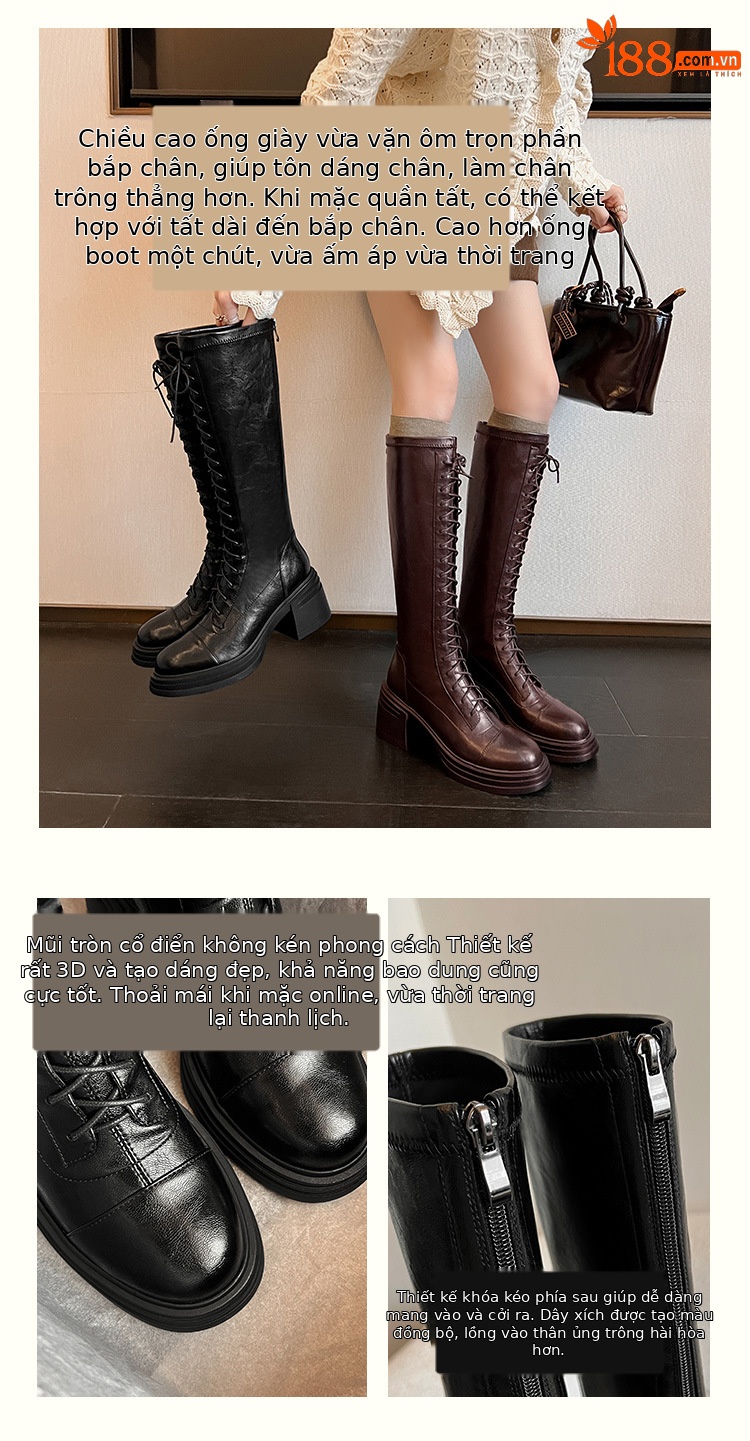 Boot nữ cổ cao ôm bắp chân đế dày dây buộc phong cách kỵ sĩ — Da lộn đen chi tiết 3