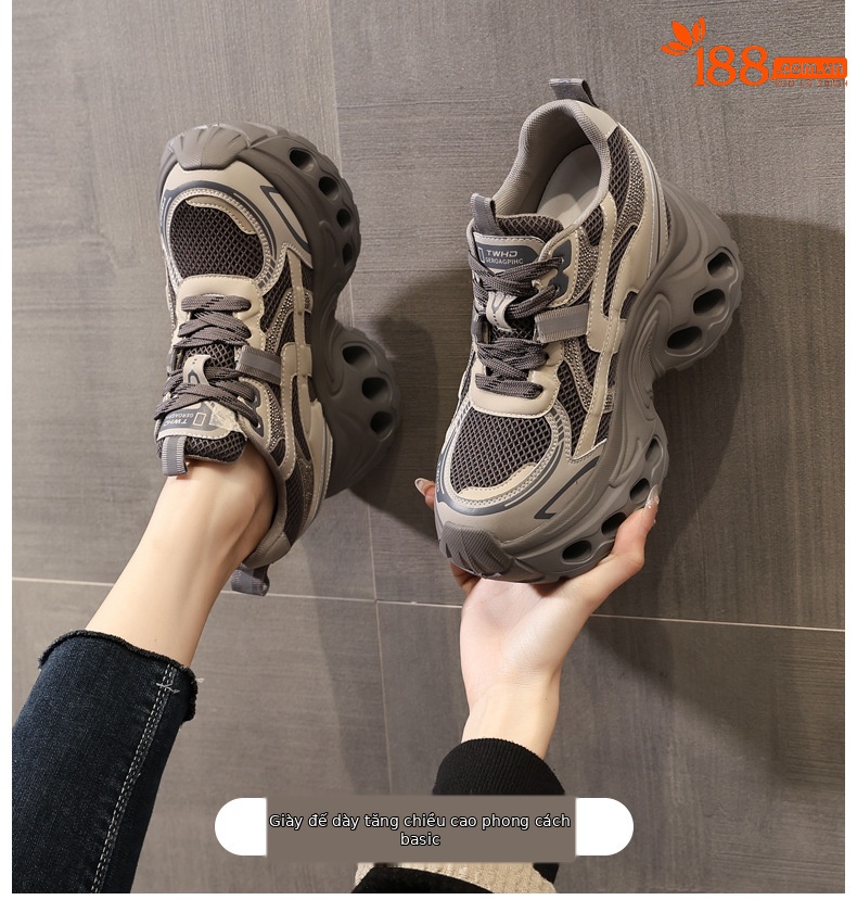 Giày sneaker nữ đế dày phong cách bố bỉm lỗ thoáng khí, tăng chiều cao 12 cm — màu nâu chi tiết 1