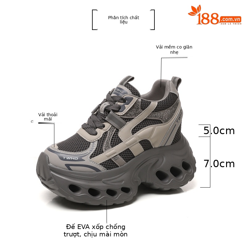 Giày sneaker nữ đế dày phong cách bố bỉm lỗ thoáng khí, tăng chiều cao 12 cm — màu nâu chi tiết 3