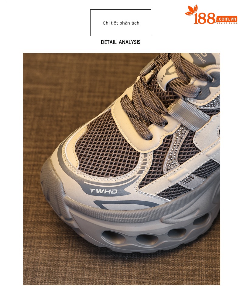 Giày sneaker nữ đế dày phong cách bố bỉm lỗ thoáng khí, tăng chiều cao 12 cm — màu nâu chi tiết 7