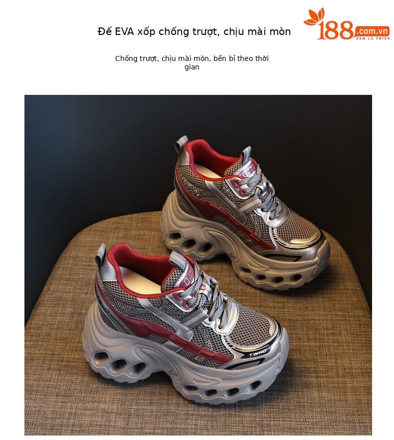 Giày sneaker nữ đế dày phong cách bố bỉm lỗ thoáng khí, tăng chiều cao 12 cm — màu nâu chi tiết 10