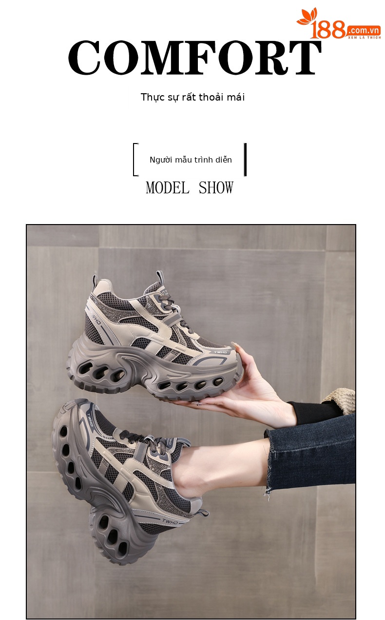 Giày sneaker nữ đế dày phong cách bố bỉm lỗ thoáng khí, tăng chiều cao 12 cm — màu nâu chi tiết 11