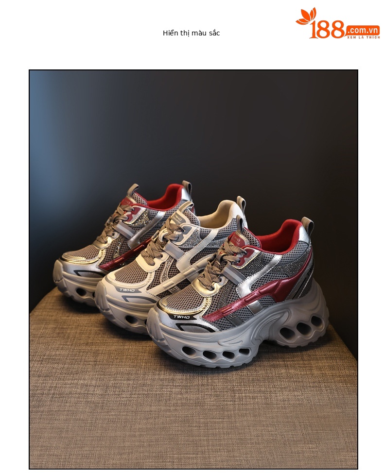 Giày sneaker nữ đế dày phong cách bố bỉm lỗ thoáng khí, tăng chiều cao 12 cm — màu nâu chi tiết 18