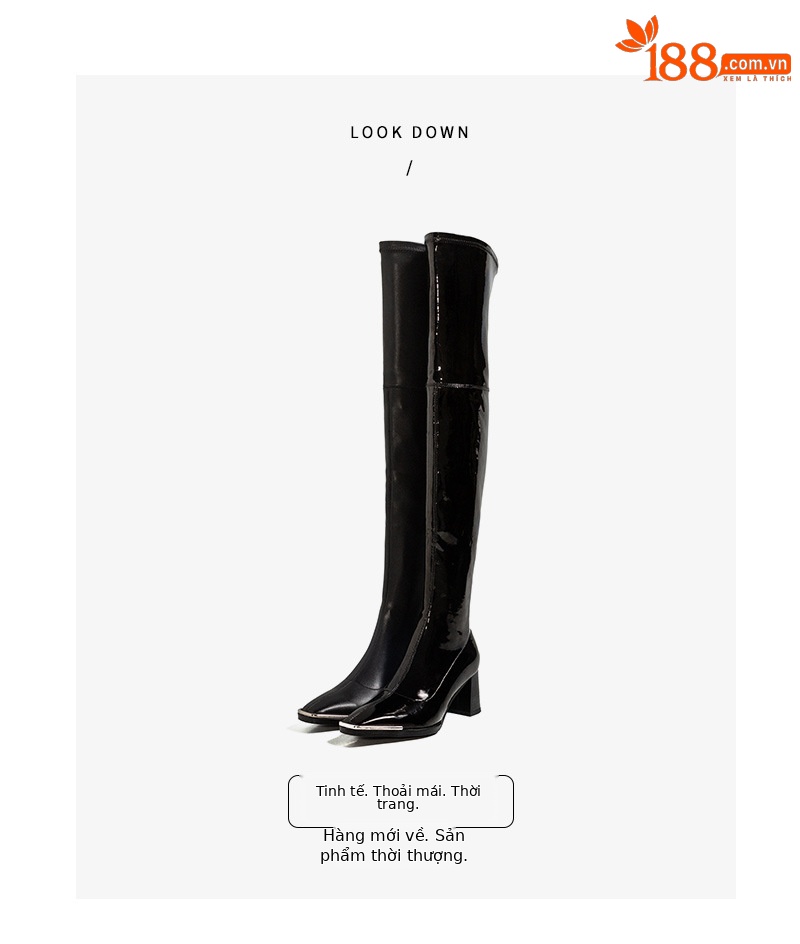 Boot nữ cổ cao quá gối da sáng chế mũi vuông kim loại gót vuông ôm chân co giãn — Lớp lót bằng da sáng chế màu đen chi tiết 2