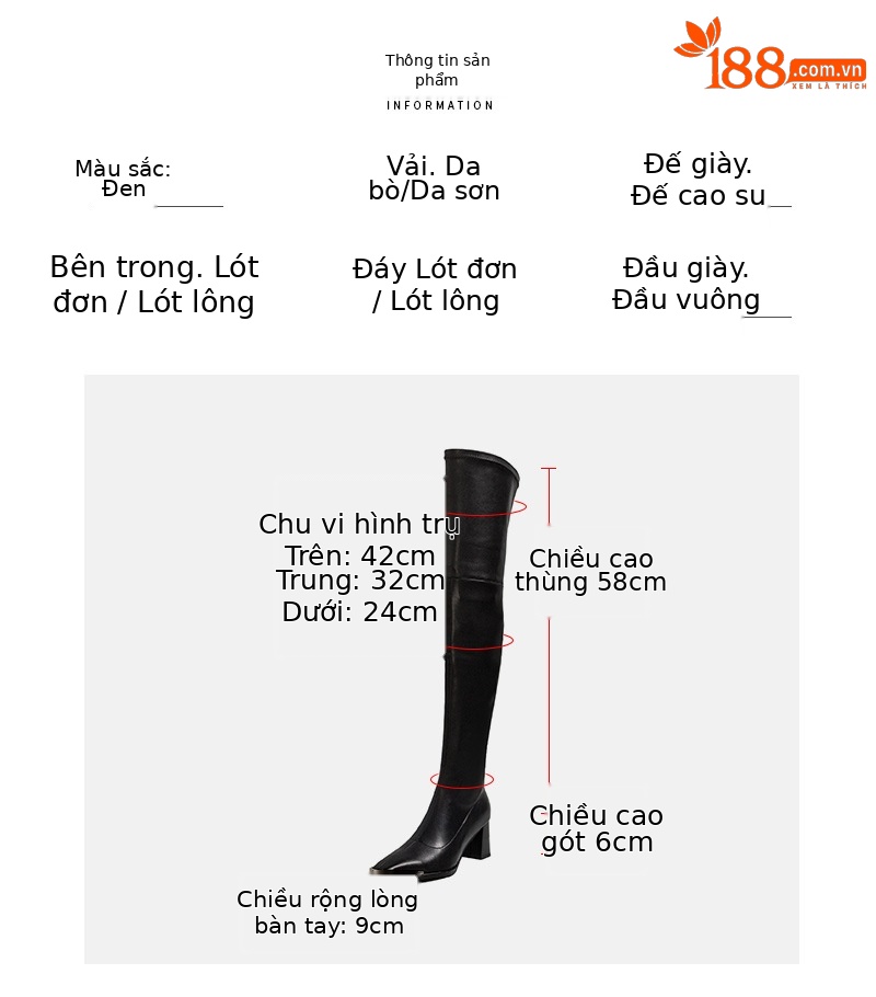 Boot nữ cổ cao quá gối da sáng chế mũi vuông kim loại gót vuông ôm chân co giãn — Lớp lót bằng da sáng chế màu đen chi tiết 3