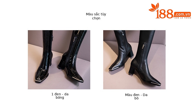 Boot nữ cổ cao quá gối da sáng chế mũi vuông kim loại gót vuông ôm chân co giãn — Lớp lót bằng da sáng chế màu đen chi tiết 4