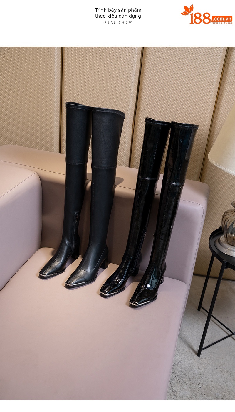 Boot nữ cổ cao quá gối da sáng chế mũi vuông kim loại gót vuông ôm chân co giãn — Lớp lót bằng da sáng chế màu đen chi tiết 10